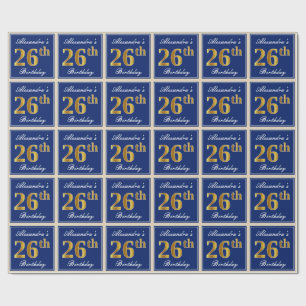 Papier Cadeau Elégant, Bleu, Faux Or 26ème Anniversaire + Nom