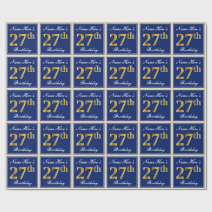 Papier Cadeau Elégant, Bleu, Faux Or 27ème Anniversaire + Nom