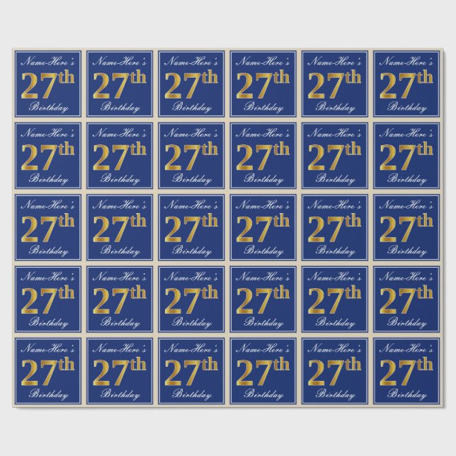 Papier Cadeau Elégant, Bleu, Faux Or 27ème Anniversaire + Nom (Plat)