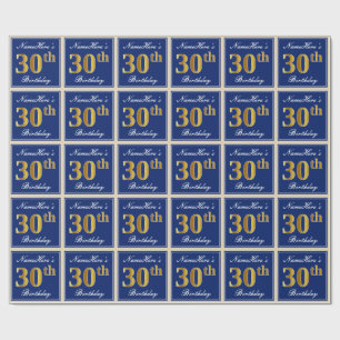 Papier Cadeau Elégant, Bleu, Faux Or 30ème Anniversaire + Nom