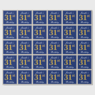 Papier Cadeau Elégant, Bleu, Faux Or 31ème Anniversaire + Nom