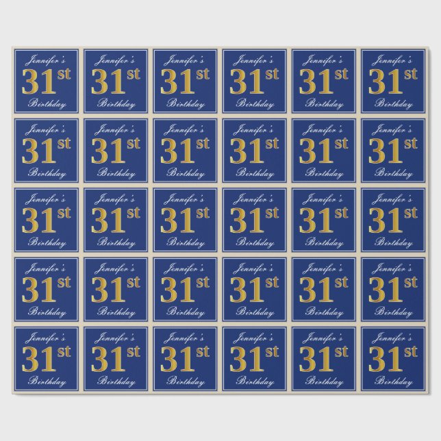 Papier Cadeau Elégant, Bleu, Faux Or 31ème Anniversaire + Nom (Plat)