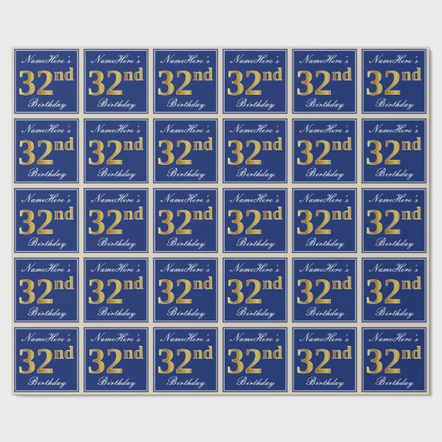 Papier Cadeau Elégant, Bleu, Faux Or 32ème Anniversaire + Nom (Plat)
