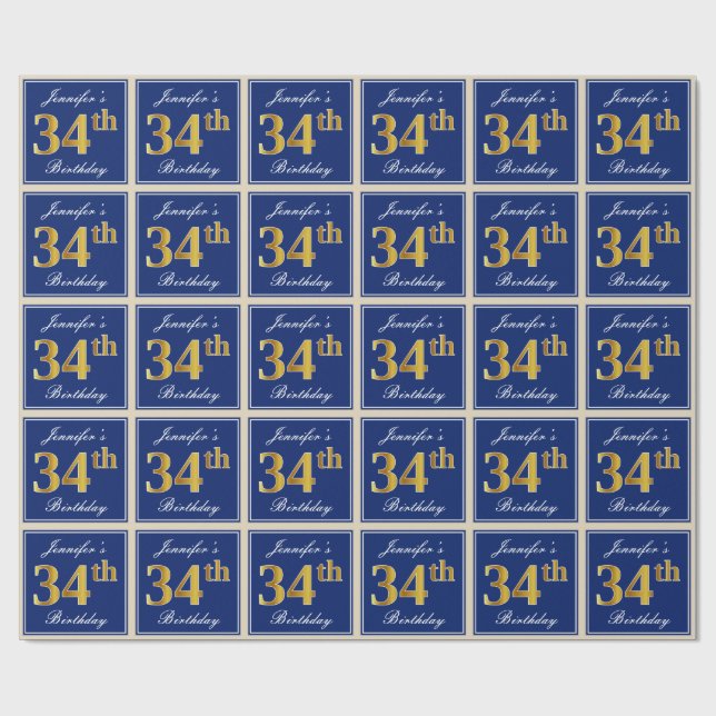 Papier Cadeau Elégant, Bleu, Faux Or 34ème Anniversaire + Nom (Plat)