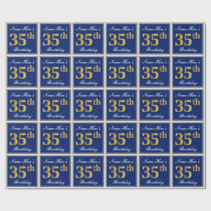 Papier Cadeau Elégant, Bleu, Faux Or 35ème Anniversaire + Nom