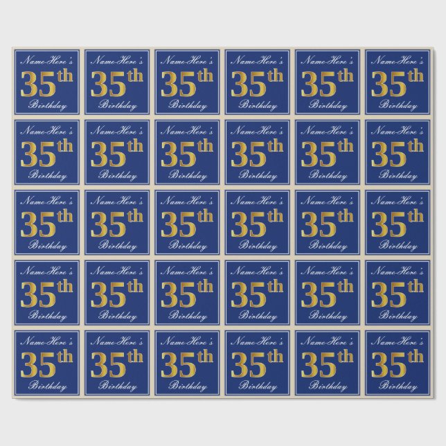 Papier Cadeau Elégant, Bleu, Faux Or 35ème Anniversaire + Nom (Plat)