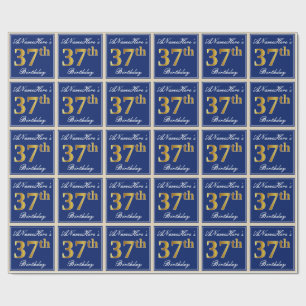 Papier Cadeau Elégant, Bleu, Faux Or 37ème Anniversaire + Nom