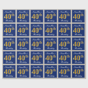 Papier Cadeau Elégant, Bleu, Faux Or 40ème Anniversaire + Nom