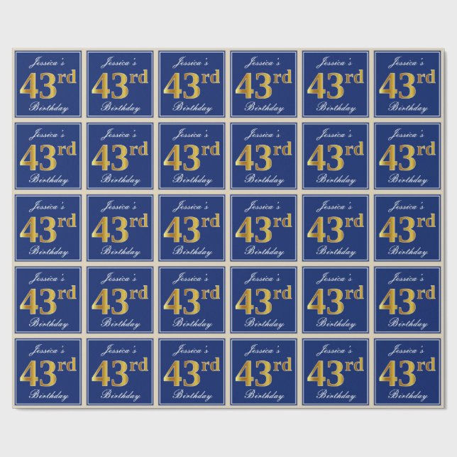 Papier Cadeau Elégant, Bleu, Faux Or 43ème Anniversaire + Nom (Plat)