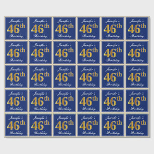 Papier Cadeau Elégant, Bleu, Faux Or 46ème Anniversaire + Nom
