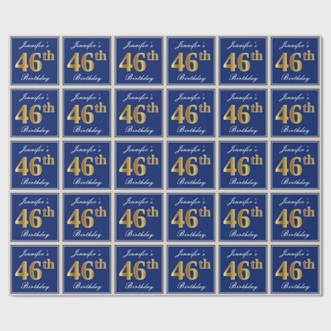 Papier Cadeau Elégant, Bleu, Faux Or 46ème Anniversaire + Nom (Plat)
