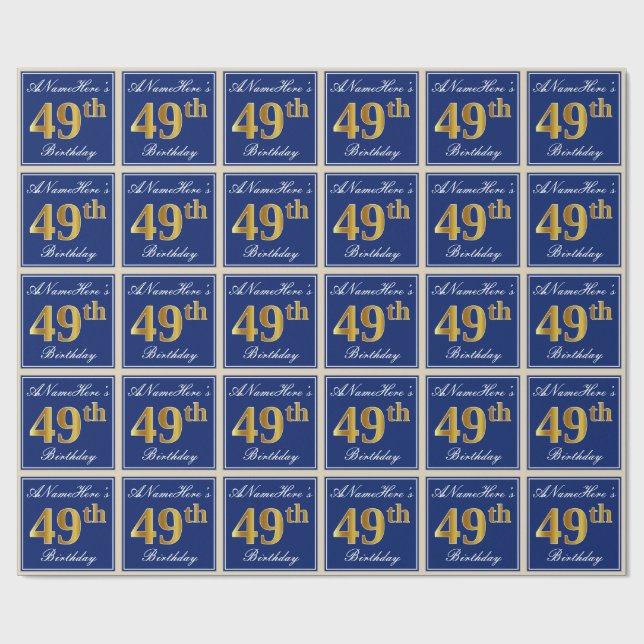 Papier Cadeau Elégant, Bleu, Faux Or 49ème Anniversaire + Nom (Plat)