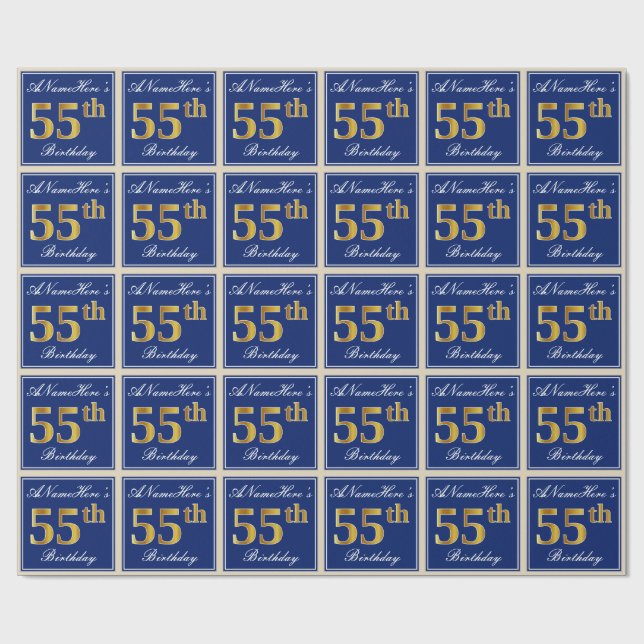 Papier Cadeau Elégant, Bleu, Faux Or 55ème Anniversaire + Nom (Plat)