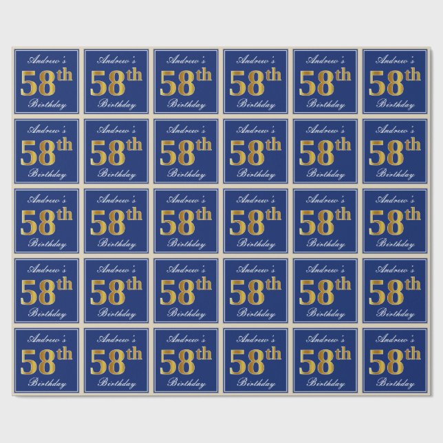 Papier Cadeau Elégant, Bleu, Faux Or 58ème Anniversaire + Nom (Plat)