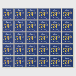 Papier Cadeau Elégant, Bleu, Faux Or 59ème Anniversaire + Nom
