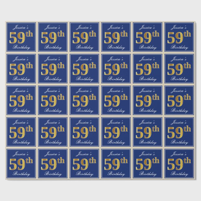 Papier Cadeau Elégant, Bleu, Faux Or 59ème Anniversaire + Nom (Plat)