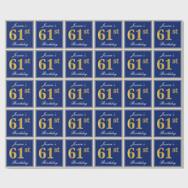 Papier Cadeau Elégant, Bleu, Faux Or 61ème Anniversaire + Nom (Plat)