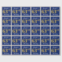 Papier Cadeau Elégant, Bleu, Faux Or 63ème Anniversaire + Nom