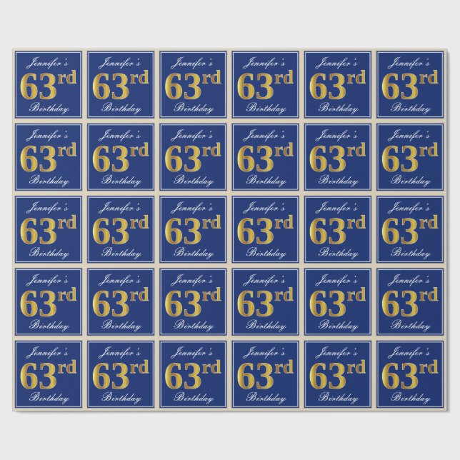 Papier Cadeau Elégant, Bleu, Faux Or 63ème Anniversaire + Nom (Plat)