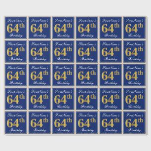Papier Cadeau Elégant, Bleu, Faux Or 64ème Anniversaire + Nom