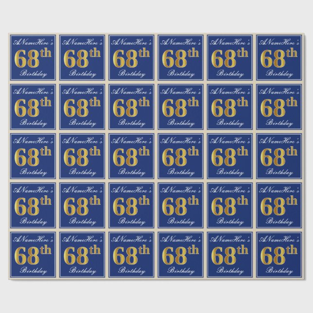 Papier Cadeau Elégant, Bleu, Faux Or 68ème Anniversaire + Nom (Plat)