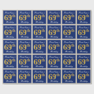 Papier Cadeau Elégant, Bleu, Faux Or 69ème Anniversaire + Nom