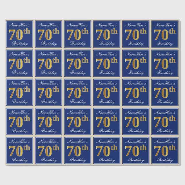 Papier Cadeau Elégant, Bleu, Faux Or 70ème Anniversaire + Nom (Plat)