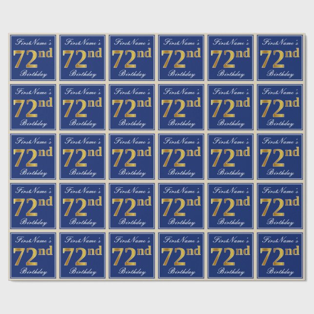 Papier Cadeau Elégant, Bleu, Faux Or 72ème Anniversaire + Nom (Plat)
