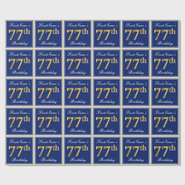 Papier Cadeau Elégant, Bleu, Faux Or 77ème Anniversaire + Nom (Plat)