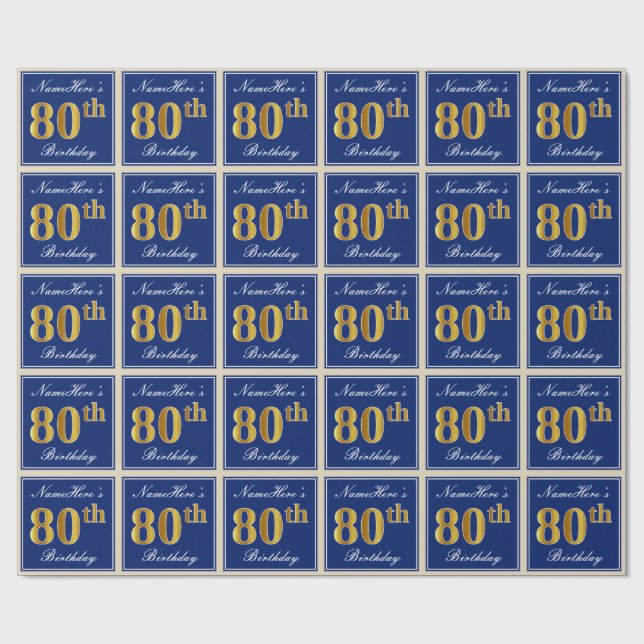 Papier Cadeau Elégant, Bleu, Faux Or 80ème Anniversaire + Nom (Plat)