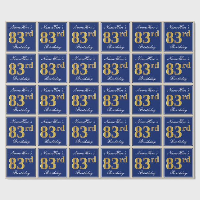 Papier Cadeau Elégant, Bleu, Faux Or 83ème Anniversaire + Nom (Plat)