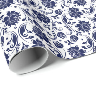 Papier Cadeau Elégant bleu floral Damas Arrière - plan blanc