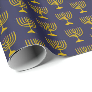 Papier Cadeau Élégant bleu foncé   HANOUKKA   MENORAH