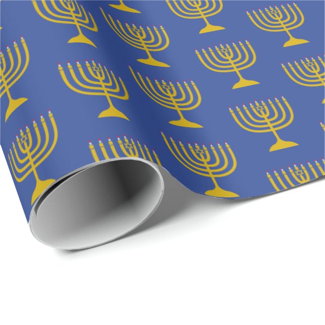 Papier Cadeau Elégant bleu moyen | Hanoukka | MENORAH (Coin rond)