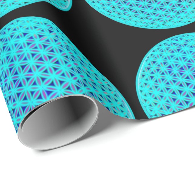 Papier Cadeau Élégant bleu néon fleur turquoise de vie (Coin rond)