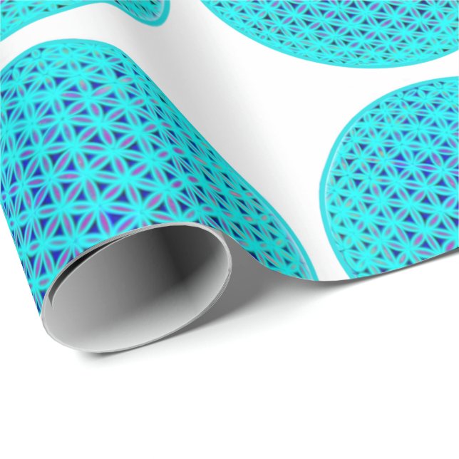 Papier Cadeau Élégant bleu néon fleur turquoise de vie (Coin rond)