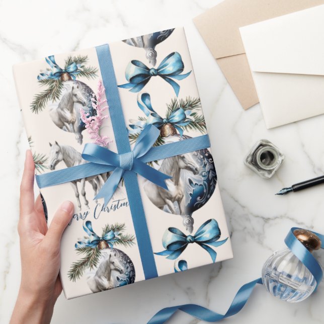 Papier Cadeau Élégant bleu Noël blanc cheval équestre (Cadeaux)