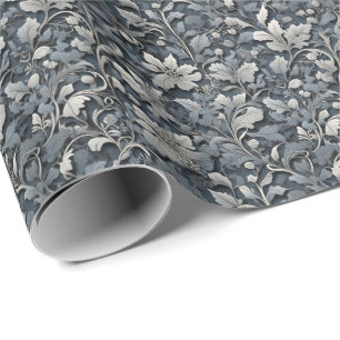 Papier Cadeau Elégant bleu poussiéreux argent blanc gris gris fl