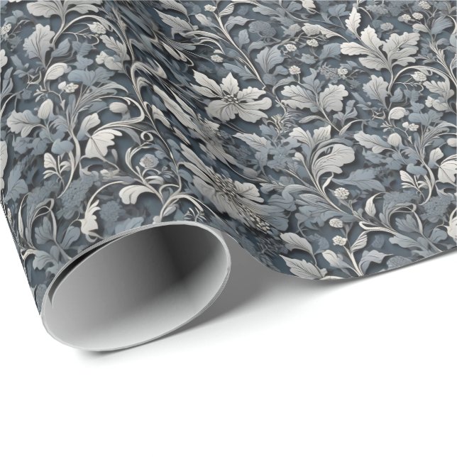 Papier Cadeau Elégant bleu poussiéreux argent blanc gris gris fl (Coin rond)