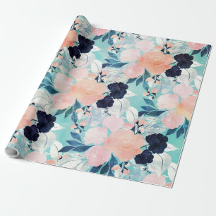 Papier Cadeau Elégant bleu rose Fleurs de menthe Aquarelle Flora