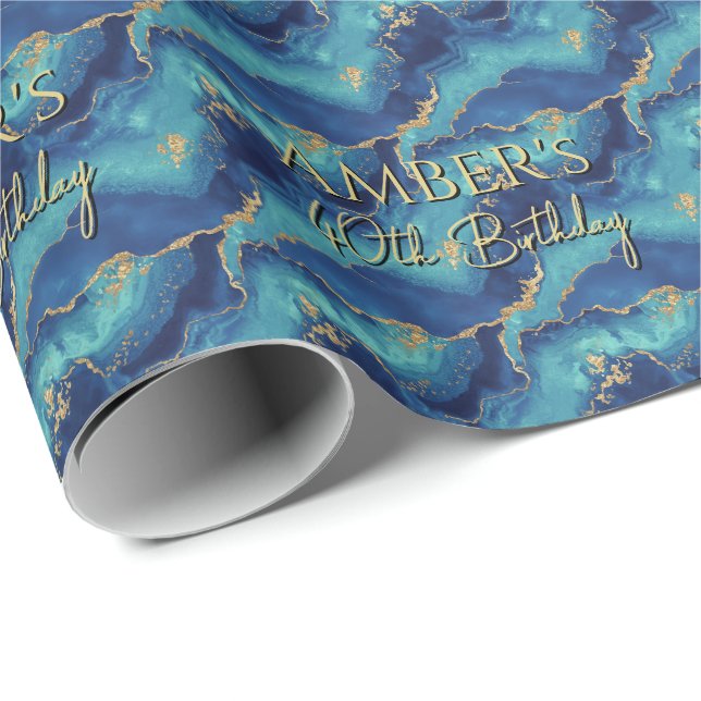 Papier Cadeau Elegant Blue Gold Abstract Marble Design (Coin rond)
