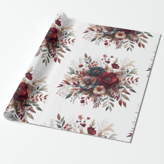 Papier Cadeau Elégant Boho Bourgogne Rustique Bleu et Motif roug