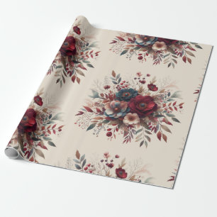 Papier Cadeau Elégant Boho Bourgogne Rustique Bleu et Motif roug