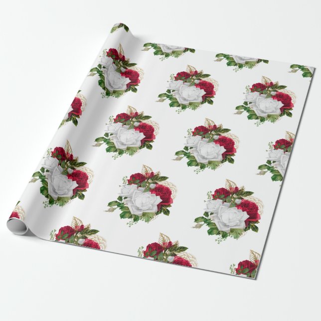 Papier Cadeau Elégant Bouquet de Roses Blanches Rouges (Déroulé)