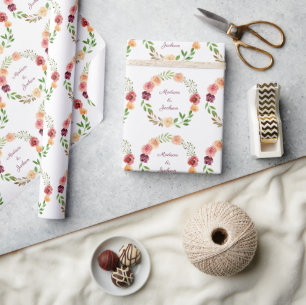Papier Cadeau Elégant Bourgogne Floral Peony Personnalisé Mariag