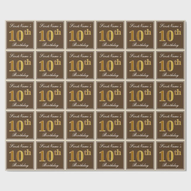 Papier Cadeau Elégant, Brown, Faux Gold 10e anniversaire + Nom (Plat)