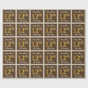 Papier Cadeau Elégant, Brown, Faux Gold 12ème anniversaire + Nom