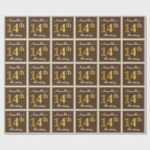 Papier Cadeau Elégant, Brown, Faux Gold 14ème anniversaire + Nom