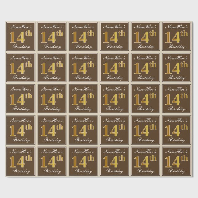 Papier Cadeau Elégant, Brown, Faux Gold 14ème anniversaire + Nom (Plat)