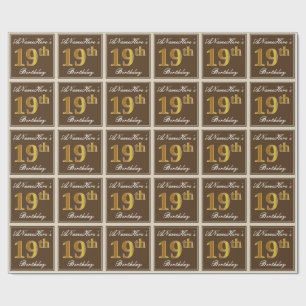 Papier Cadeau Elégant, Brown, Faux Gold 19ème anniversaire + Nom